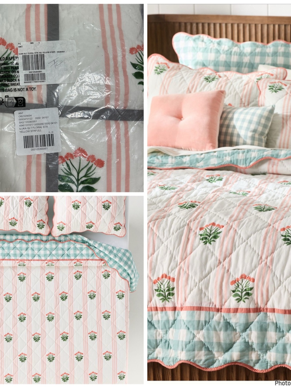 Anthropologie Illuka Cotton Pink and Aqua Floral Stripe Full Quilt